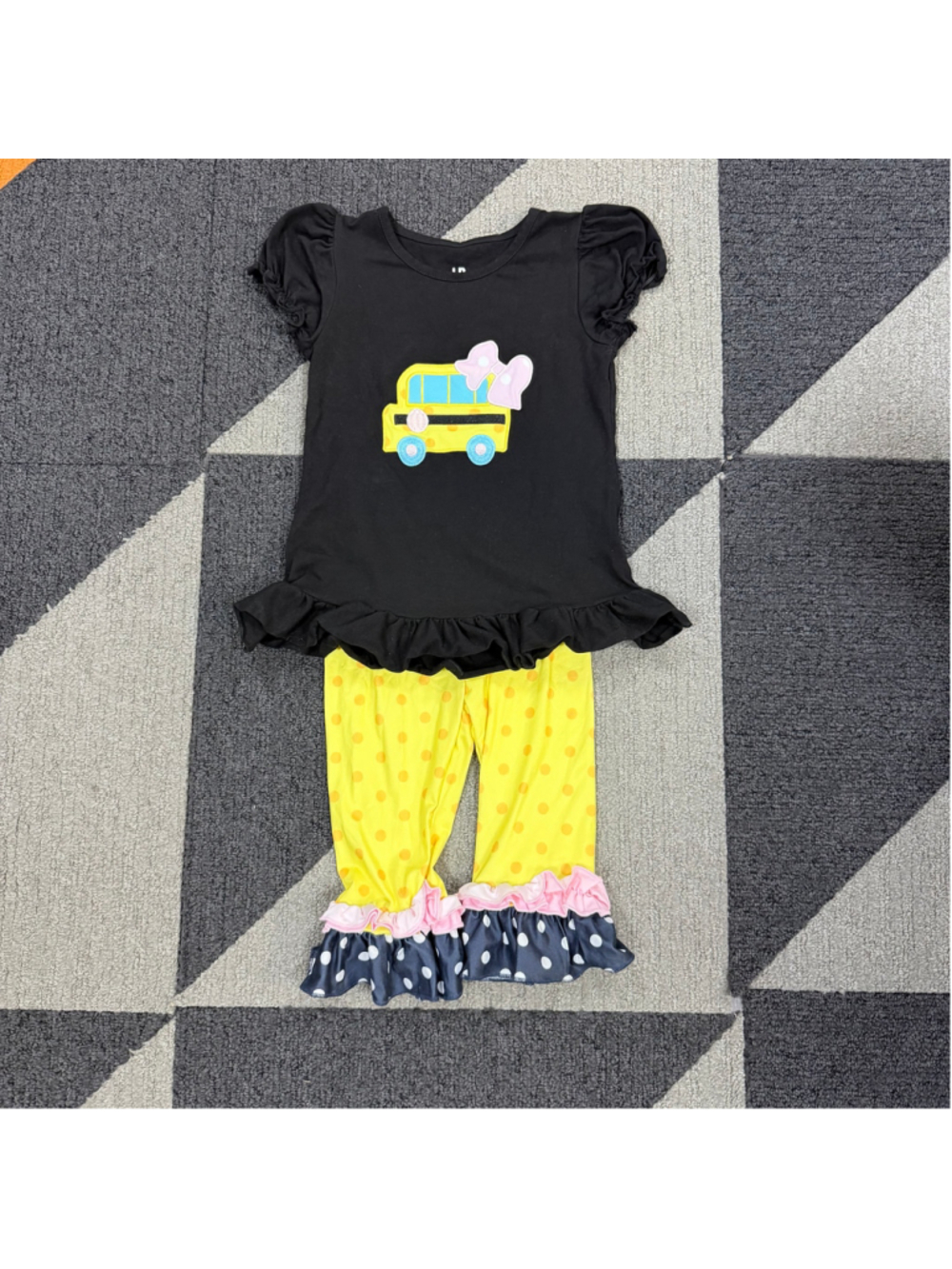 Girls Unique Baby School Bus Outfit Set Size 6 Black Yellow School Ruffles